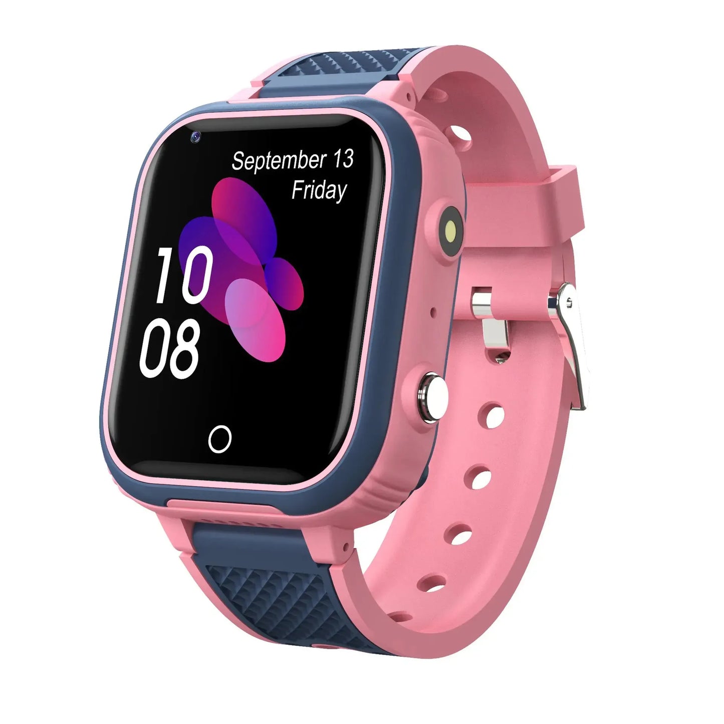 Stylish pink and navy kids' smartwatch with a touch screen, camera, and secure 4G connectivity. Waterproof design for active play.
