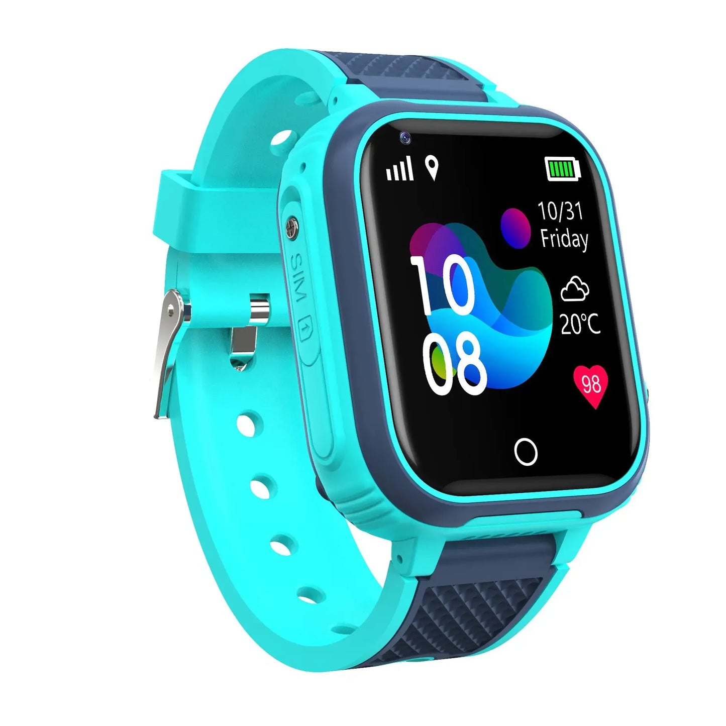 Bright turquoise smartwatch with a touch screen, GPS, and camera. Features a durable blue strap; waterproof and child-friendly design.